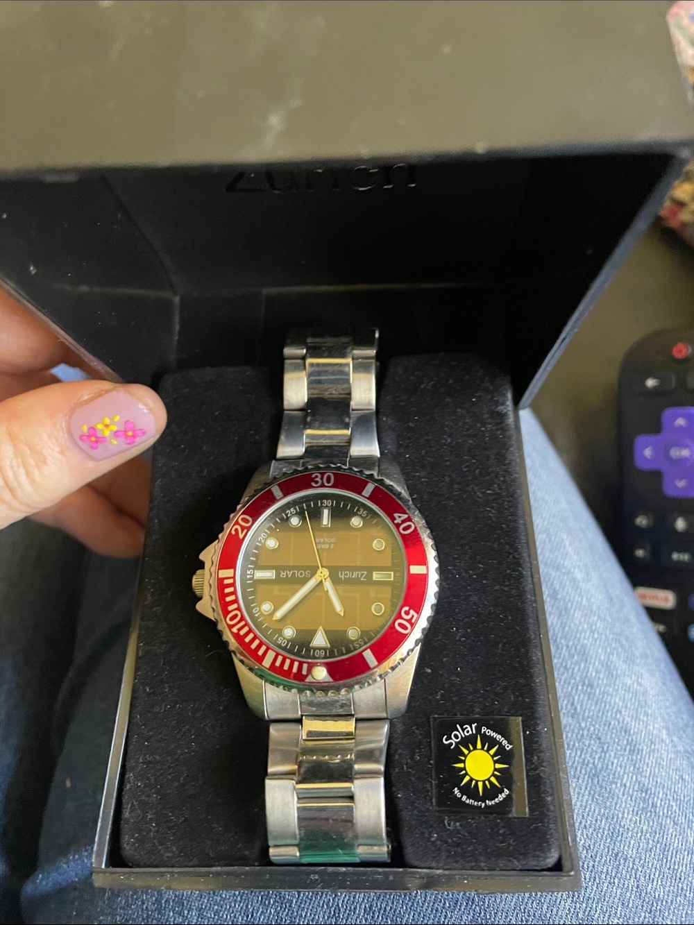 Zunrich Solar Stainless Steel Watch with Red Bezel